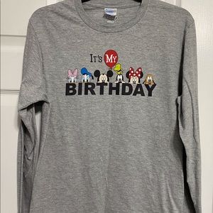 Disney It’s My Birthday T-Shirt Adult Size Small Gray Long Sleeves Mickey Mouse